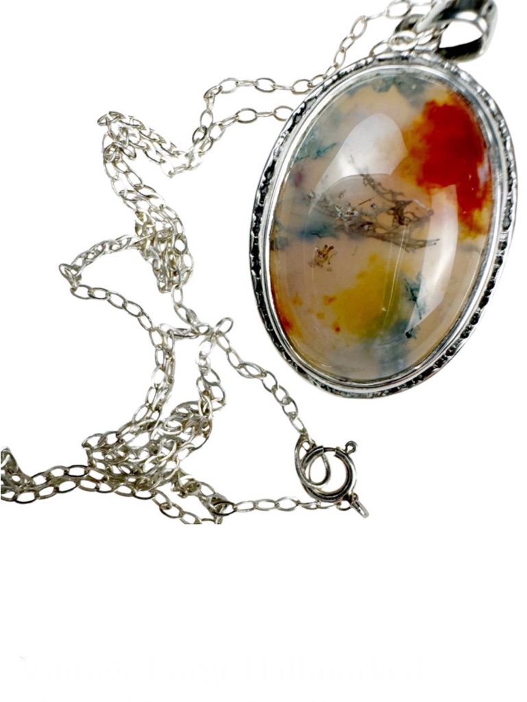 Vintage Large Hallmarked Silver Moss Agate Pendant & Chain